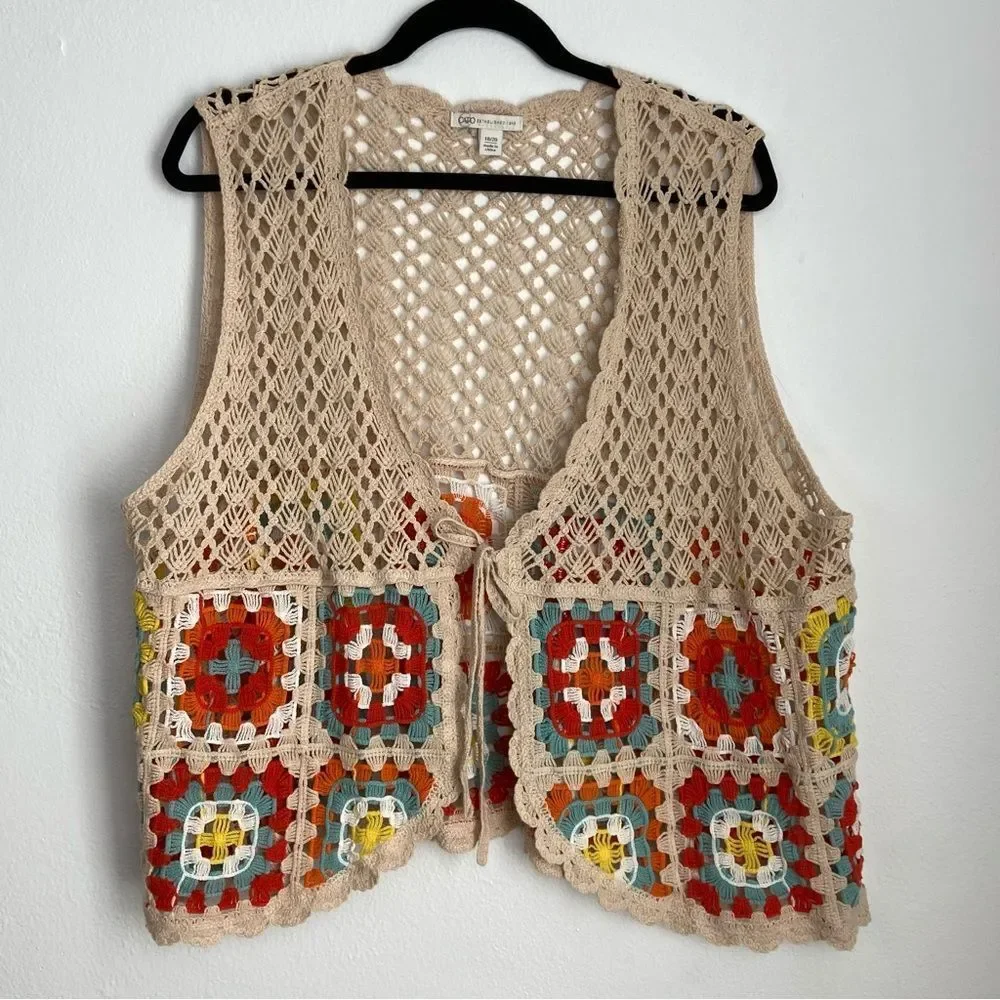 Cato Tan Floral Crochet Vest Women’s Plus Sz 18/20 Granny Square Hippie 70’s - Picture 2 of 12